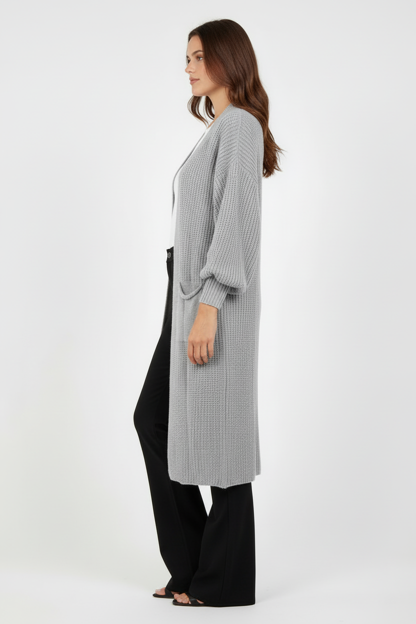 Light grey cardigan side view